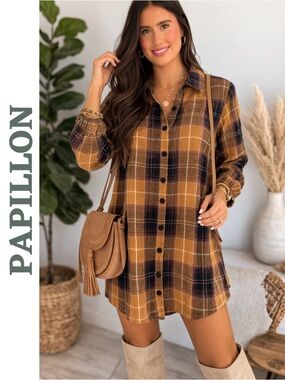 Papillon Mustard Plaid  Shirt Dress Boho Medium